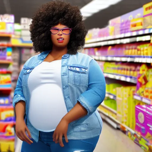 Image similar to high quality still of black bbw woman in wal-mart follow shot, 3d, in the style of pixar, comic book style, 3d, highly detailed, 16k resolution, octane renderer, coherent