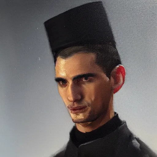 Image similar to An oil painting of a man dressed in priest robes, 30 years old, !chad jaw line!, short black hair, sharp facial features, beautiful, highly detailed, by Cédric Peyravernay, trending on artstation