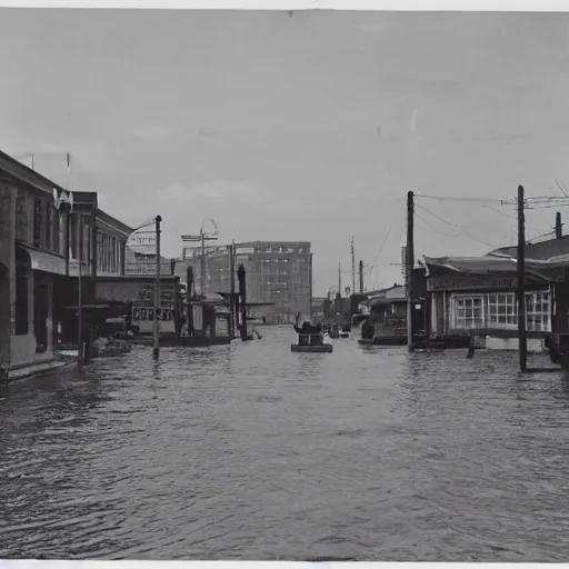 Prompt: a 1940s photograph of a city underwater