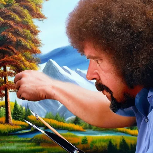 Prompt: a closeup photorealistic photograph of bob ross adding the finishing touches on a canvas painting of kenny powers. mountains and trees. film still. brightly lit scene. this 4 k hd image is trending on artstation, featured on behance, well - rendered, extra crisp, features intricate detail, epic composition and the style of unreal engine.