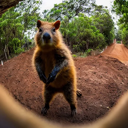 Image similar to a quokka and capybara standing on a motocross track, fisheye lens