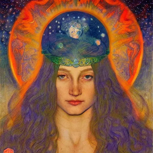 Prompt: queen of the moon with stars in her hair, by annie swynnerton and tino rodriguez and nicholas roerich and jean delville and donato giancola and diego rivera, dramatic lighting, god rays, geometric tattoos, rich colors, smooth sharp focus, extremely detailed, adolf wolfli