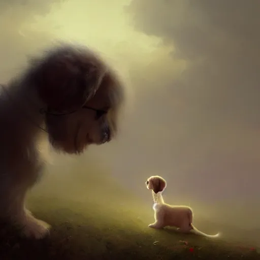 Prompt: cinematic shot epic portrait an female traveller pets a puppy near a village, sunny, cute, fluffy, broad light, ambient occlusion, volumetric light effect, made by ivan aivazovsky, peter mohrbacher, greg rutkowski, matte painting, trending on artstation, 4 k, perfectly defined features, digital painting, cinematic, epic, highly detailed,