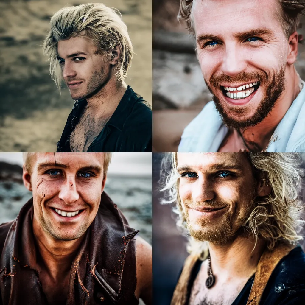 Prompt: portrait photo of a messy short hair blonde dirty irish pirate, clean shaven, cinematic shot, sigma lens, smiling