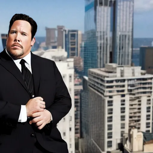 Image similar to Clean-shaven Jon Favreau as Happy Hogan wearing a black suit and black necktie and black dress shoes is climbing up a tall building in an urban city.