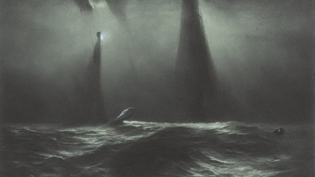 Image similar to environment under the ocean, a huge monster of the deep emerges out of the darkness of the deep ocean waters to attack a small submarine, Beksiński, Achenbach, horror, eerie lighting, god rays