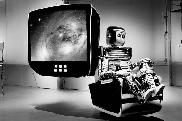 Prompt: robot sitting in a galaxy recliner, from 1986, bathed in the glow of a crt television, tv screens in background, low-light photograph, in style of terry richardson