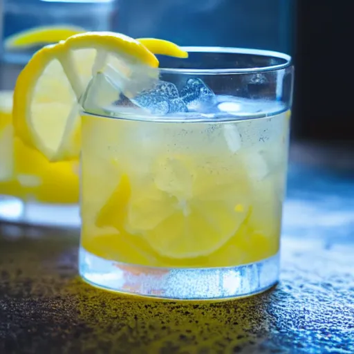 Prompt: Photograph of a brightly lit glass cup, full of lemonade and lemon slice ice cubes