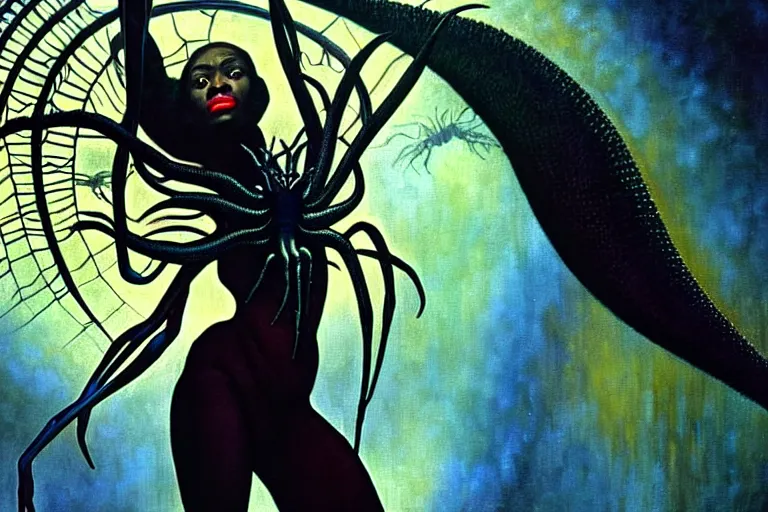 Image similar to realistic detailed closeup portrait movie shot of a beautiful black woman dancing with a giant spider, futuristic sci fi landscape background by denis villeneuve, jean deville, yves tanguy, ernst haeckel, alphonse mucha, max ernst, caravaggio, roger dean, sci fi necklace, fashion, masterpiece, rich moody colours