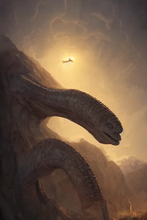 Prompt: portrait of brontosaurus by Peter Mohrbacher and Peter Gric, volumetric lighting, good composition, trending on artstation, polarizer filter, in the golden hour