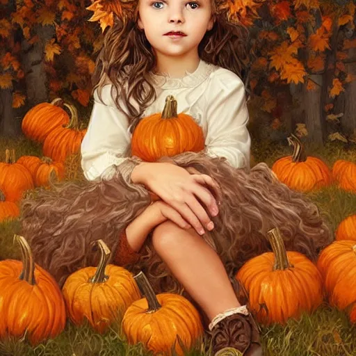 Image similar to a cute little girl with light brown wavy curly hair and blue eyes sitting amidst piles of pumpkins. beautiful cute highly detailed face. she is wearing a crown of autumn leaves. autumn and fall and halloween themed painting by artgerm and greg rutkowski and magali villanueve.