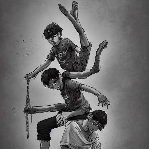 Image similar to rpg character concept art, twin brothers being cute doing acroyoga in a junkyard, no soup, intricate detail, in the style of jamie hewlett killian eng kawase hasui riyoko ikeda, 3 d render, artstation trending, 8 k, octane render, photorealistic, volumetric lighting caustics, sharp detail, manga, black and white