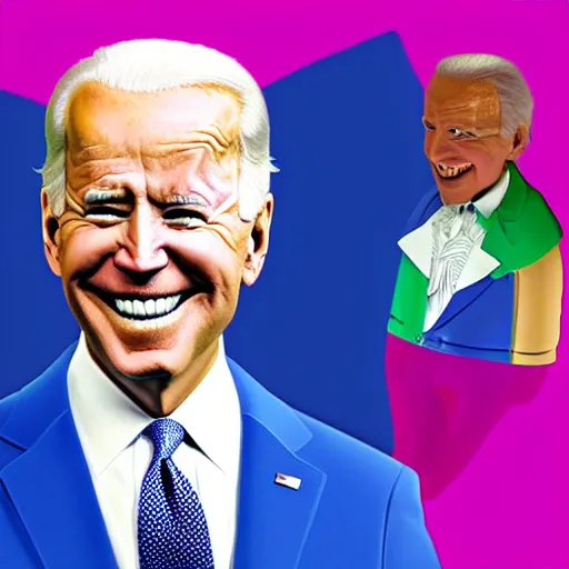 Prompt: joe biden wearing bright clashing extravagant clothes, big teeth smile, walking cane, midpart hair, blender render