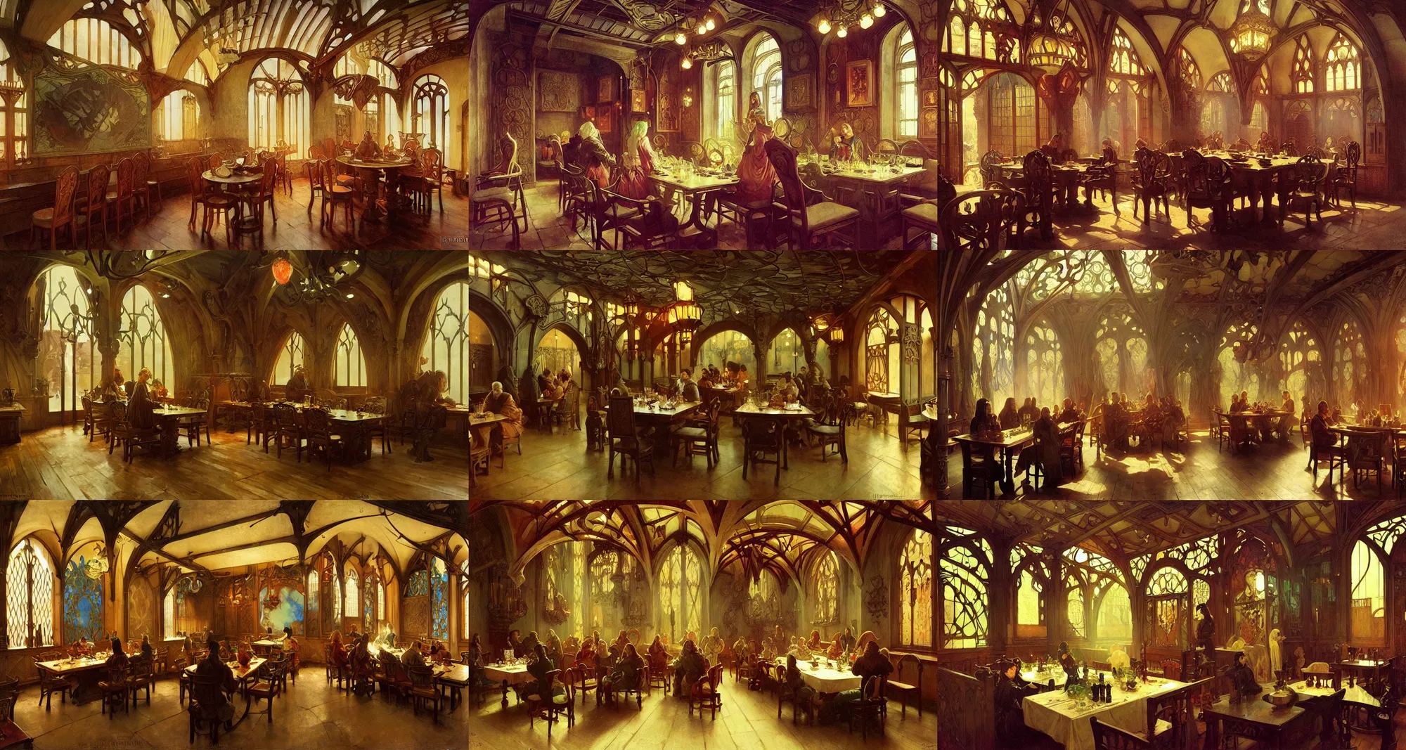 Prompt: medieval dining room, art nouveau architecture, fantasy, art by joseph leyendecker, ivan aivazovsky, ruan jia, reza afshar, marc simonetti, alphonse mucha