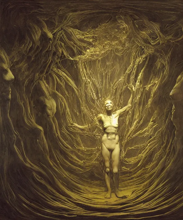 Image similar to The room without doors and windows with beautiful full-body wax sculpture of a glowing transparent woman with visible golden bones inside it in the singularity where stars becoming baroque folds of dark matter by Michelangelo da Caravaggio, Nicola Samori, William Blake, Alex Grey and Beksinski, dramatic volumetric lighting, highly detailed oil painting, 8k, masterpiece