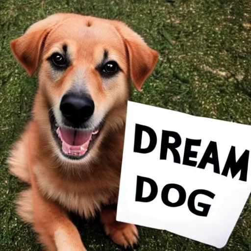 Prompt: realistic high quality photo of a cute dog holding a sign with text that reads : dream