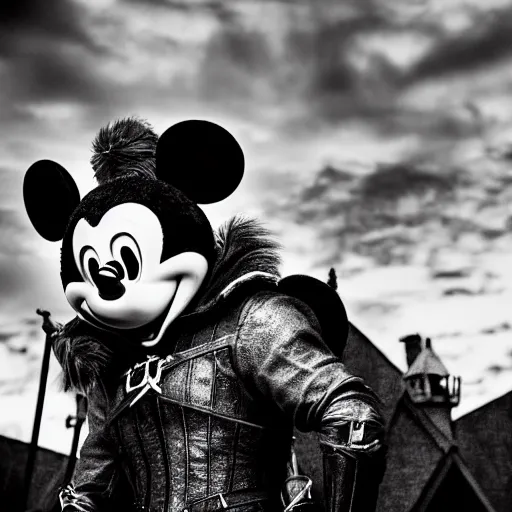 Image similar to mickey mouse as the witcher, cinematic, dark, sharp focus, black and white, highly detailed, portrait