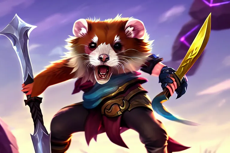 Prompt: a fierce and violent ferret boy furry with a sword and shield leaps into the fray. league of legends splash art