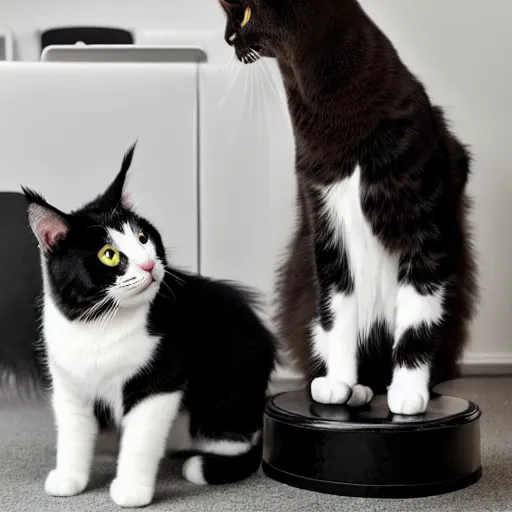 Image similar to very cute huge calico main coon plays with black-white shorthair domestic cat in office, portrait, pixar style, cinematic lighting, award winning creature portrait photography