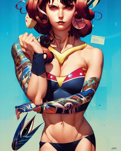 Image similar to artgerm, joshua middleton and sandra chevrier comic cover art, prettyanime girl in bikini, symmetrical eyes, scales, beautiful, rim lighting, vivid colors