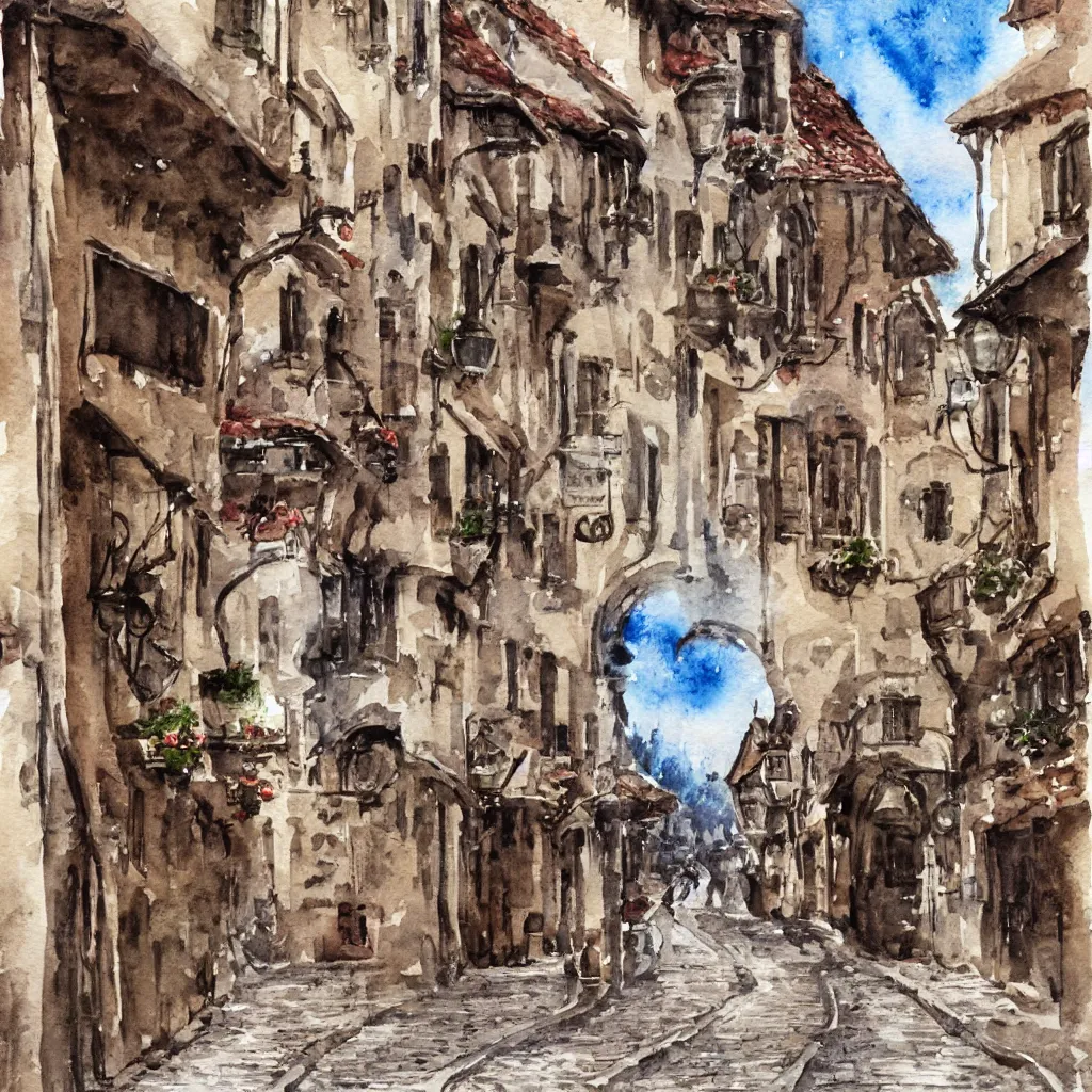 Image similar to street in an old european town , very beautiful award-winning watercolor painting by a very talented artist, extremely detailed