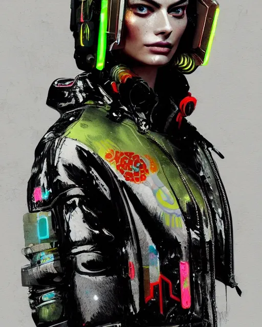 Image similar to neon operator margot robbie, cyberpunk futuristic neon, reflective puffer jacket, decorated with traditional japanese ornaments by ismail inceoglu dragan bibin hans thoma greg rutkowski alexandros pyromallis nekro rene maritte illustrated, perfect face, fine details, realistic shaded, fine - face, pretty face