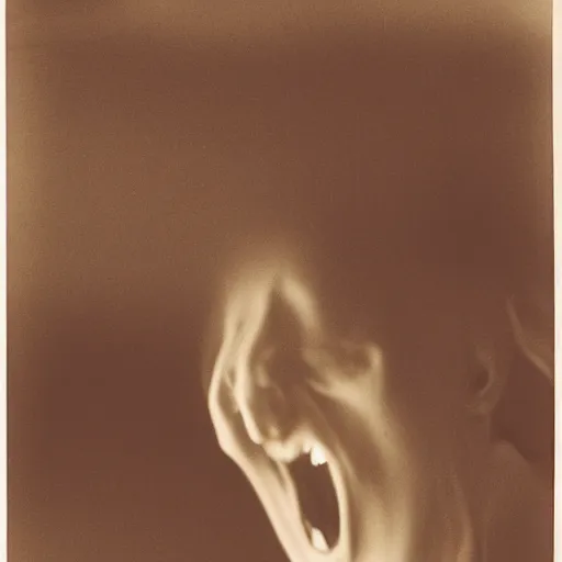 Image similar to photograph of a ectoplasm coming out of a medium's mouth sepia realistic 3 5 mm cinematic