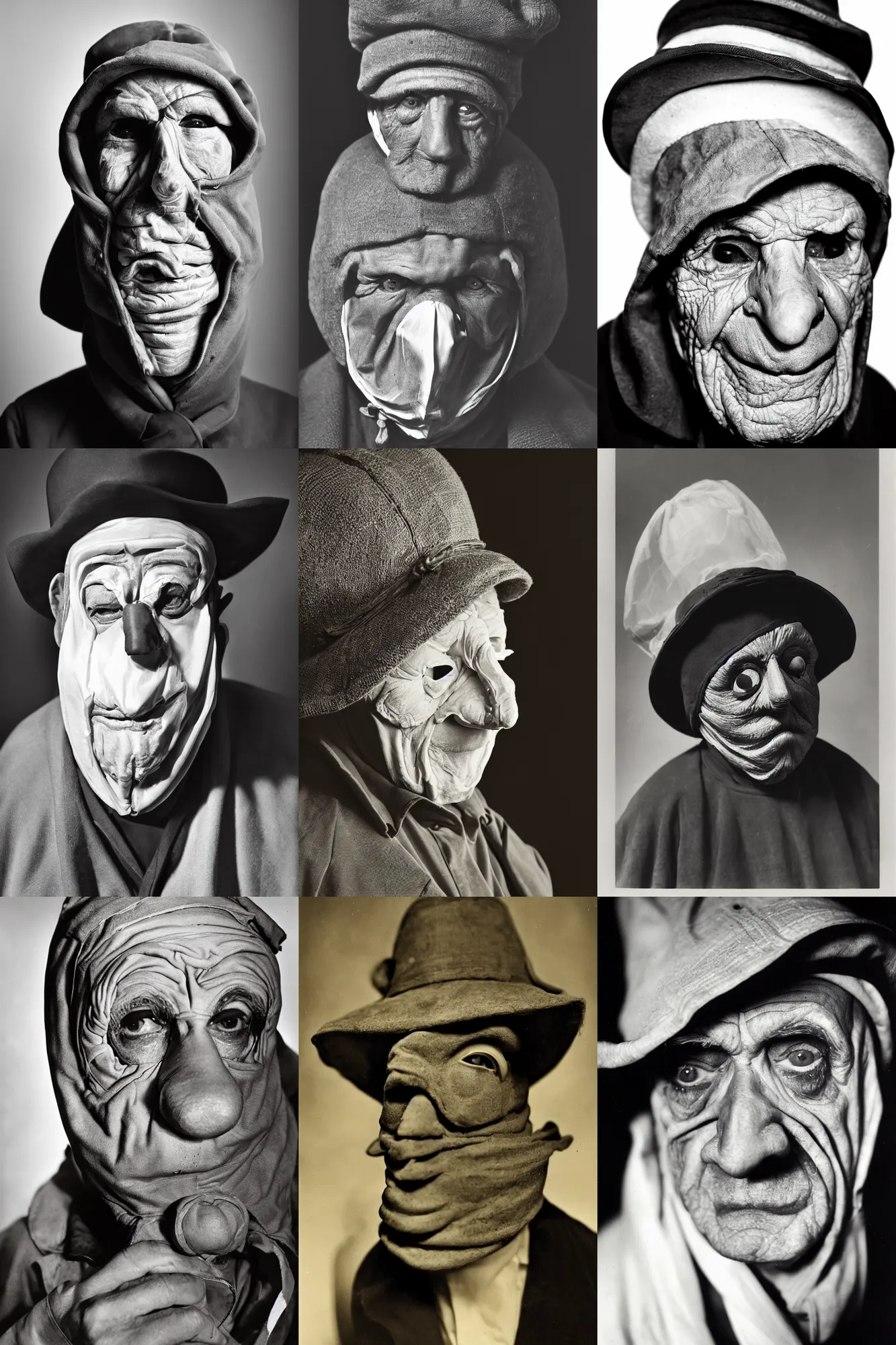 Prompt: high contrast studio close - up portrait of a wrinkled old man wearing a pulcinella mask, clear eyes looking into camera, baggy clothing and hat, backlit, dark mood, nikon, photo by george hurrell, masterpiece