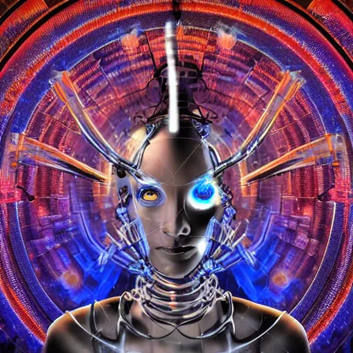 Image similar to a spiritually awakened cyborg wants to help humans free themselves from the chains of mental slavery and authoritarian politicians, surreal technological conceptual art magical cybernetic realism horror visions distopic and utopic art and the same time