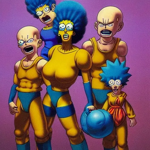 Image similar to marge simpson and her new family from dragon ball z drawn by zdislaw beksinski and hajime sorayama, hyperrealistic