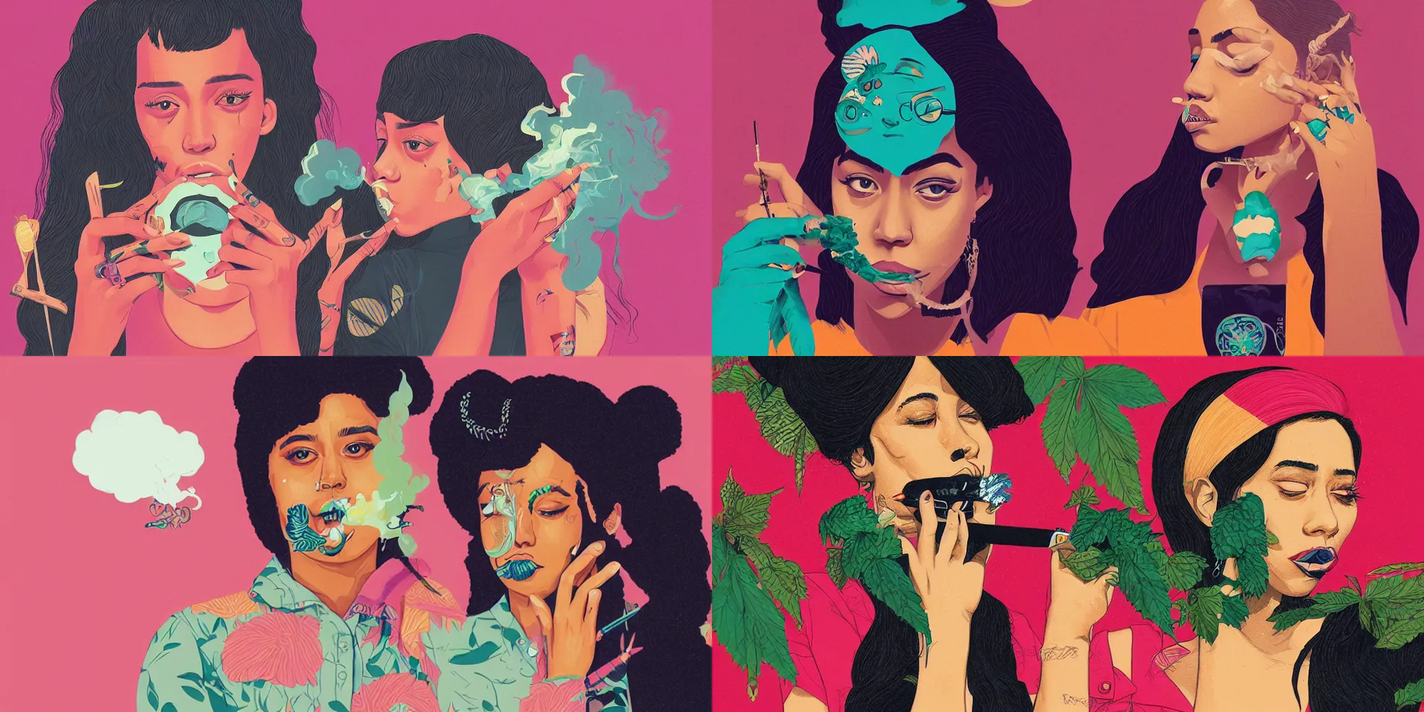 Prompt: A portrait illustration of Doja Cat smoking weed by Sachin Teng