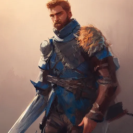 Prompt: a rugged young knight with blonde hair and blue eyes and a short beard by Greg_Rutkowski, realistic, detailed, masterpiece, ArtStation