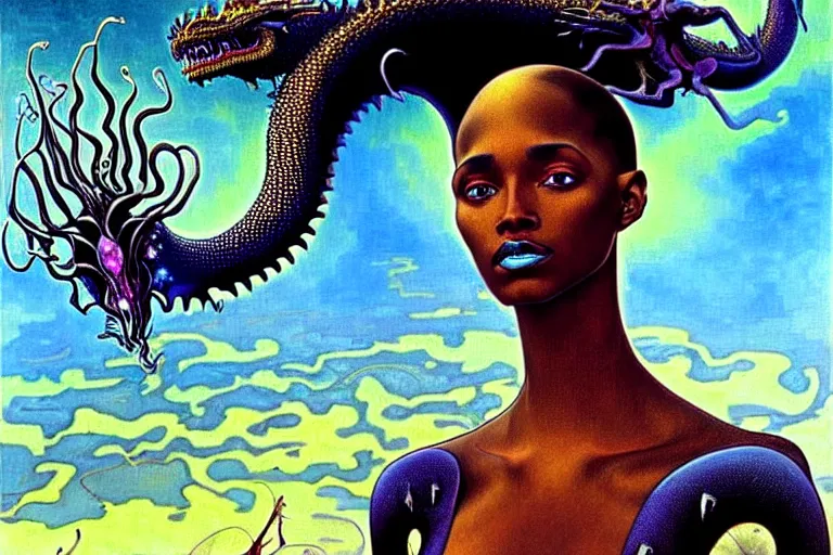 Image similar to realistic extremely detailed closeup portrait painting of a beautiful black woman wearing futuristic dress, dystopian landscape with a mutant dragon on background by Jean Delville, Amano, Yves Tanguy, Alphonse Mucha, Ernst Haeckel, Edward Robert Hughes, Roger Dean, rich moody colours