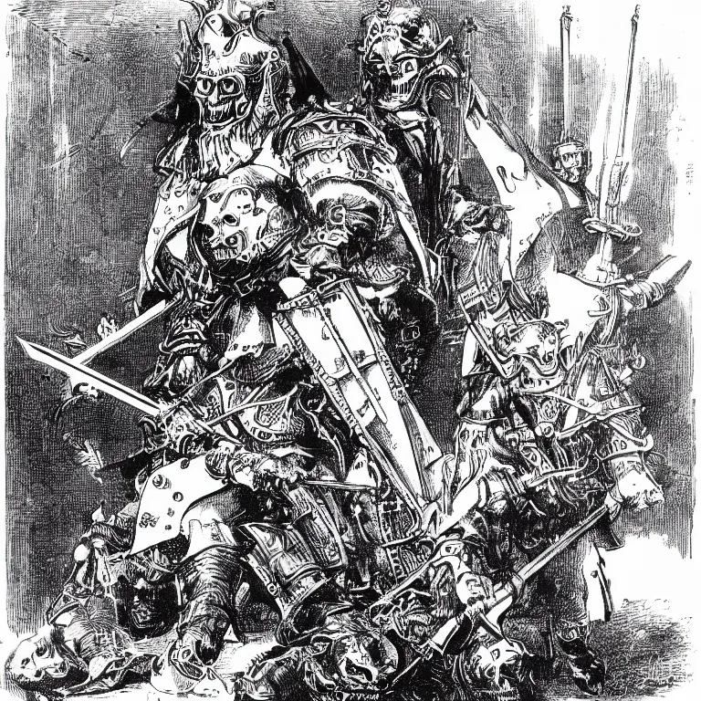 Image similar to a walther caspari illustartion in lustige blatter in 1 8 9 9 of a barbarian armored with swords and metal skulls, black and white pen an ink drawing