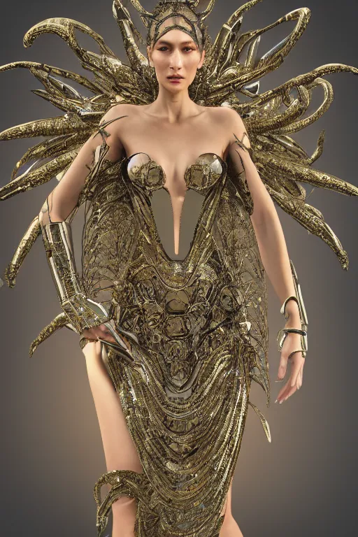 Image similar to a highly detailed metahuman 4 k render of an alien techno goddess bella hadid in iris van herpen dress schiaparelli in diamonds swarovski and jewelry in style of alphonse mucha gustav klimt trending on artstation made in unreal engine 4