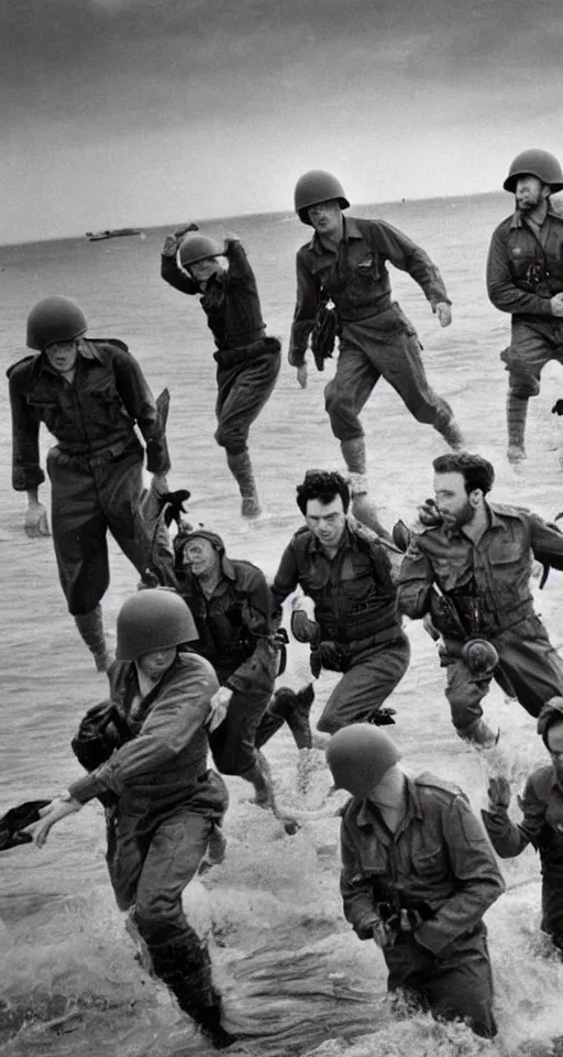 Image similar to charlie day, rob mcelhenney, glenn howerton, kaitlin olson, and danny devito are storming the beaches of normandy, 1 9 4 5, black and white, horrorscape