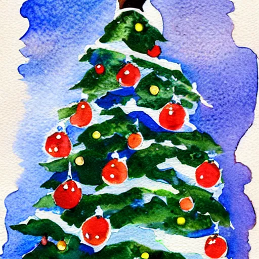 Prompt: greeting card artwork, watercolor painting of a christmas tree outdoors in the snow