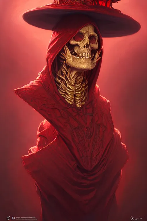 Image similar to Portrait of red skeleton with a wizard hat on his head, D&D, face, fantasy, intricate, elegant, highly detailed, digital painting, artstation, concept art, smooth, sharp focus, illustration, art by artgerm and greg rutkowski and alphonse mucha