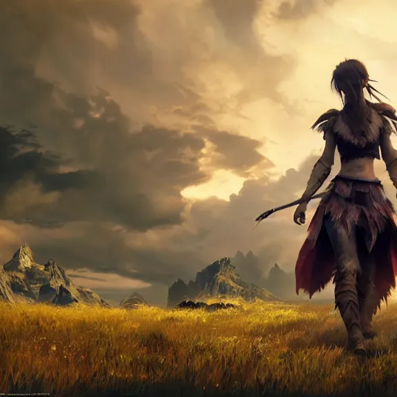 Image similar to a girl from final fantasy live action, movie still of emma watson, horizon zero dawn, evocative, mystical night, sharp focus, very very very very detailed, award winning, masterpiece digital painting by greg rutkowski, alex grey, marc adamus, beautiful dramatic lighting, artstation, 4 k wallpaper, style by peter deligdisch, peterdraws