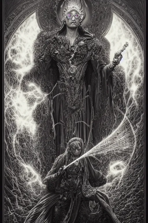 Prompt: highly detailed portrait of a dark mage casting a spell by alex grey, patrick woodroffe, mark ryden created by gustave dore and greg rutkowski, high detailed, smooth draw, synthwave neon retro, intricate, realistic proportions, dramatic lighting, trending on artstation