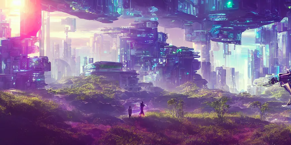 Image similar to a cinematic composition depicting : a translucid crystal being, behind their hud viewing out of their window how a high tech lush solarpunk tribe collaborating with their technologic android helpers encroaching on a distant cyberpunk world at sunrise