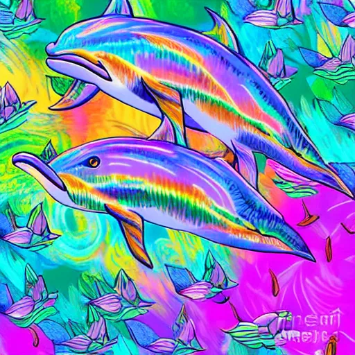 Image similar to dolphins jumping over a pile of hemp leaves in a psychedelic lisa frank style, digital art