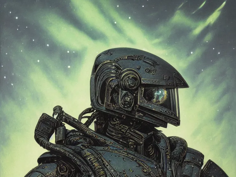 Image similar to a detailed profile painting of a bounty hunter in armour and visor, cinematic sci-fi poster. Cloth and metal. Flight suit, welding. Fire. anatomy portrait symmetrical and science fiction theme with lightning, aurora lighting clouds and stars. Clean and minimal design by beksinski carl spitzweg giger and tuomas korpi. baroque elements. baroque element. intricate artwork by caravaggio. Oil painting. Trending on artstation. 8k