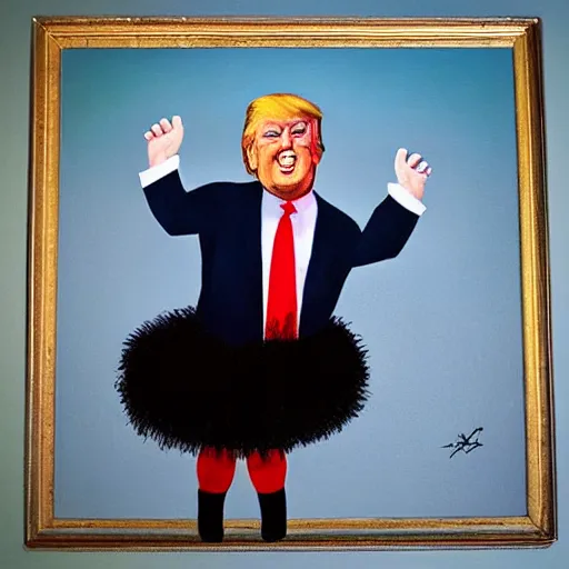 Image similar to “ Donald Trump in a tutu dancing with the devil, oil painting”