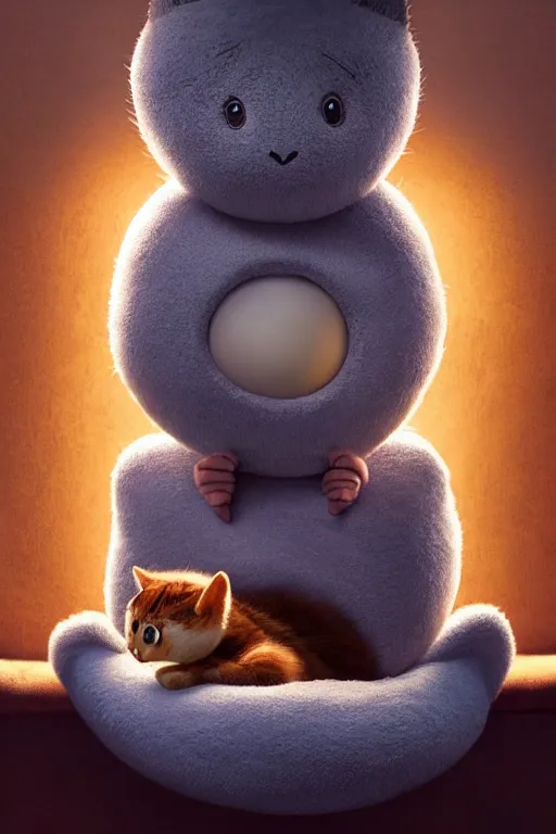 Image similar to round antropomorphic acorn plush toy and his cat friend in a giant bed adventure movie, cerebri movie poster, by nuri iyem, james gurney, james jean, greg rutkowski, anato finnstark. pixar. hyper detailed, 5 0 mm, award winning photography, perfect faces