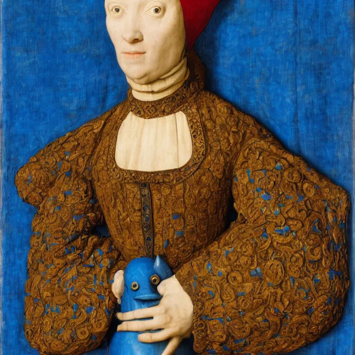 Image similar to woman in medieval armor with the pillow blue monster. jan van eyck