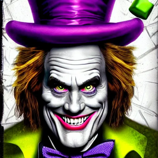 Image similar to Jim Carrey as mad hatter. epic game portrait. Highly detailed. D&D art by Michelangelo