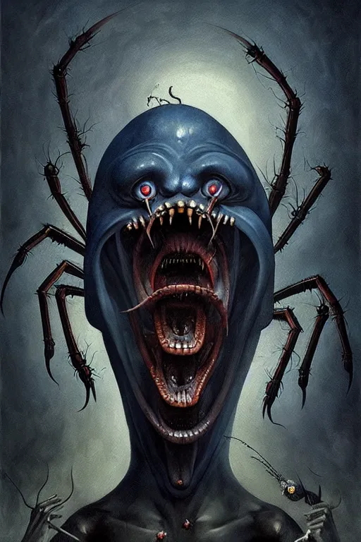 Image similar to hieronymus bosch, greg rutkowski, anna podedworna, painting of a dark blue skinned elf screaming as it transforms into a spider demon