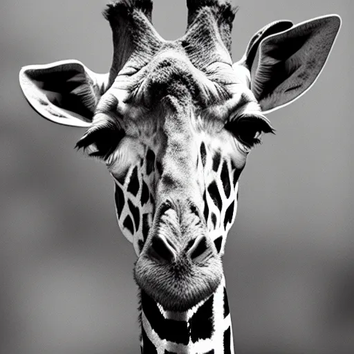 Image similar to a black and white portrait photo of a giraffe. very detailed