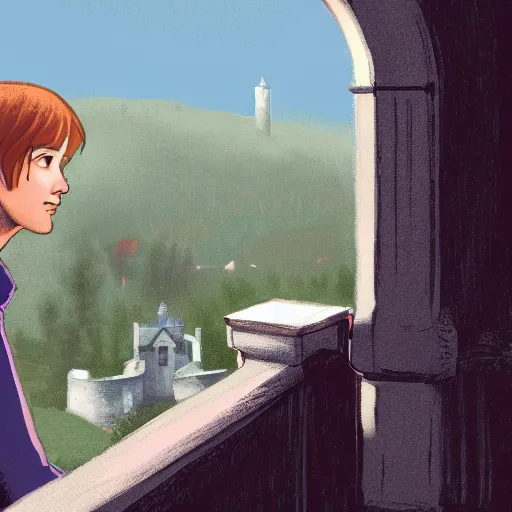 Image similar to A illustration of Max Caulfield on the balcony of a castle